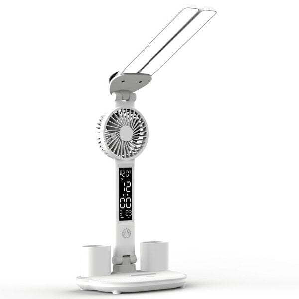 3-in-1 Multifunction LED Table Lamp - Four-Headed Folding Design with Fan, Calendar, Clock, USB Rechargeable Desk Light, and 3-Color Reading Lamp