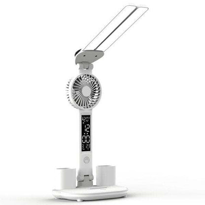 3-in-1 Multifunction LED Table Lamp - Four-Headed Folding Design with Fan, Calendar, Clock, USB Rechargeable Desk Light, and 3-Color Reading Lamp