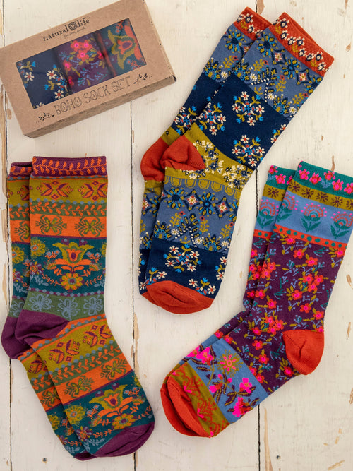 Boxed Boho Sock Set, Set of 3 - Plum Floral