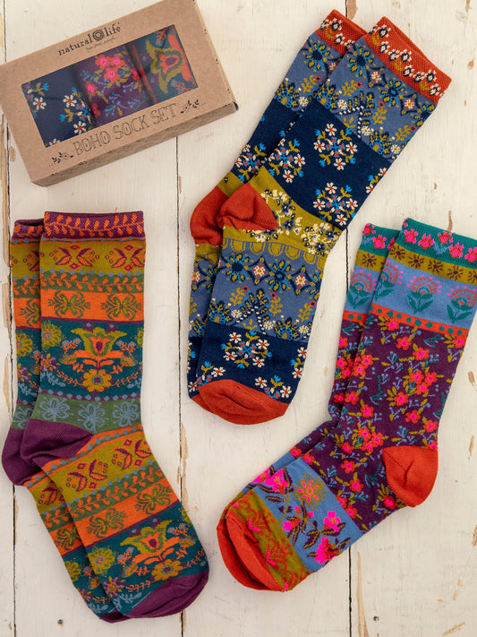 Boxed Boho Sock Set, Set of 3 - Plum Floral